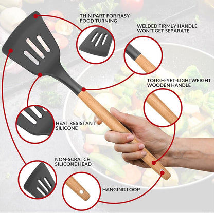 E-far Cooking Utensils Set of 6, Silicone Kitchen Utensils with Wooden Handle, Non-stick Cookware Friendly & Heat Resistant, Includes Spatula/Ladle/Slotted Turner/Serving Spoon/Spaghetti Server(Khaki)