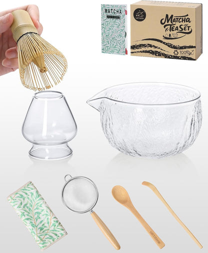 Matcha Whisk Set, 7 Pcs, Matcha Kit Includes Matcha Bowl, Matcha Whisk and Holder, Bamboo Scoop, Spoon, Sifter and Tea Towel, Matcha Set, Gift for Matcha Lovers & Beginners (Pink)
