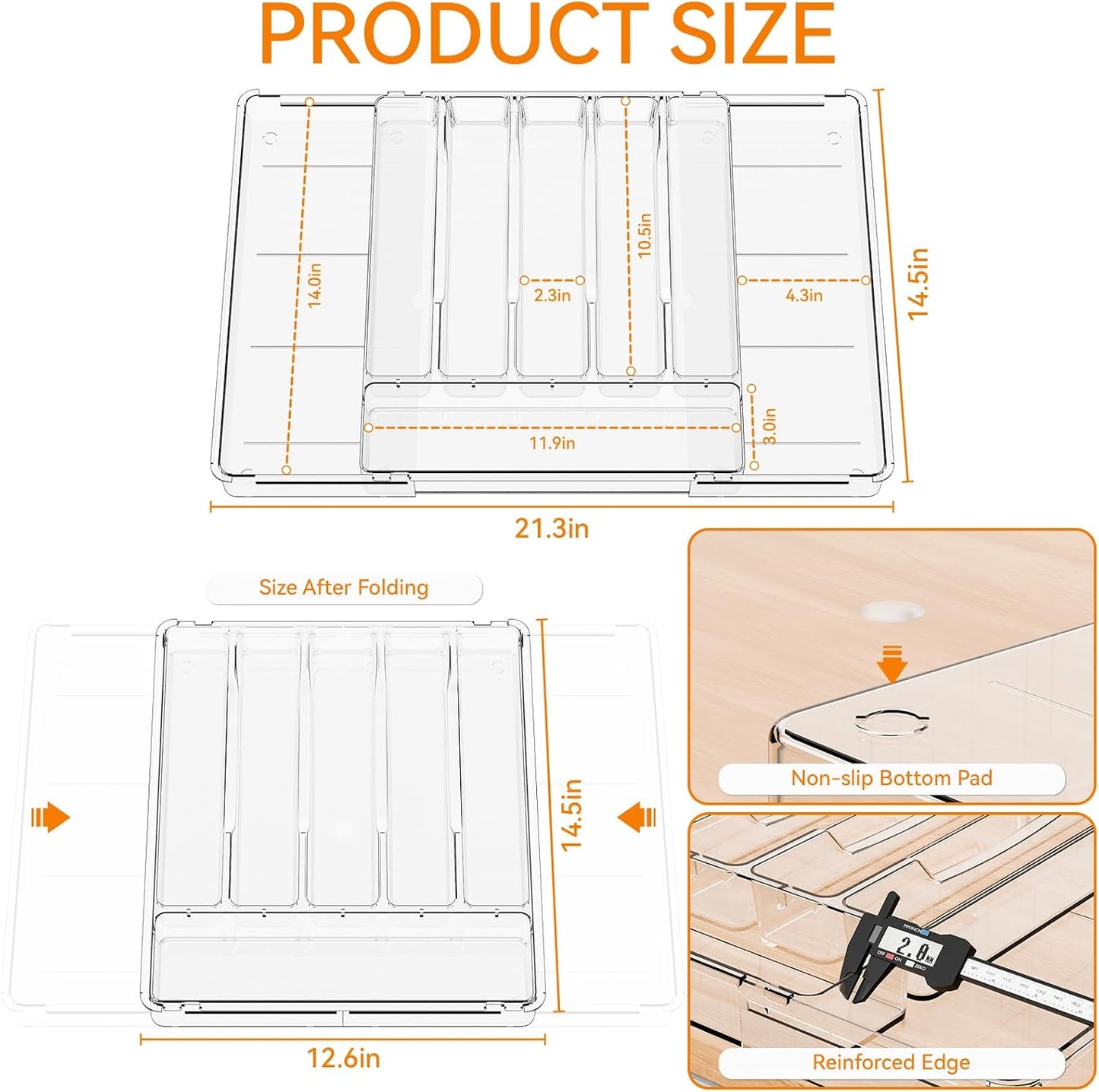 Yieach Clear Expandable Silverware Drawer Organizer,9.4-15.6In Adjustable Silverware Tray for Drawer,Acrylic Kitchen Utensil Drawer Organizer for Cutlery,Flatware Organizers and Fork and Spoon Holder