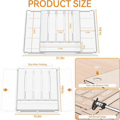 Yieach Clear Expandable Silverware Drawer Organizer,9.4-15.6In Adjustable Silverware Tray for Drawer,Acrylic Kitchen Utensil Drawer Organizer for Cutlery,Flatware Organizers and Fork and Spoon Holder