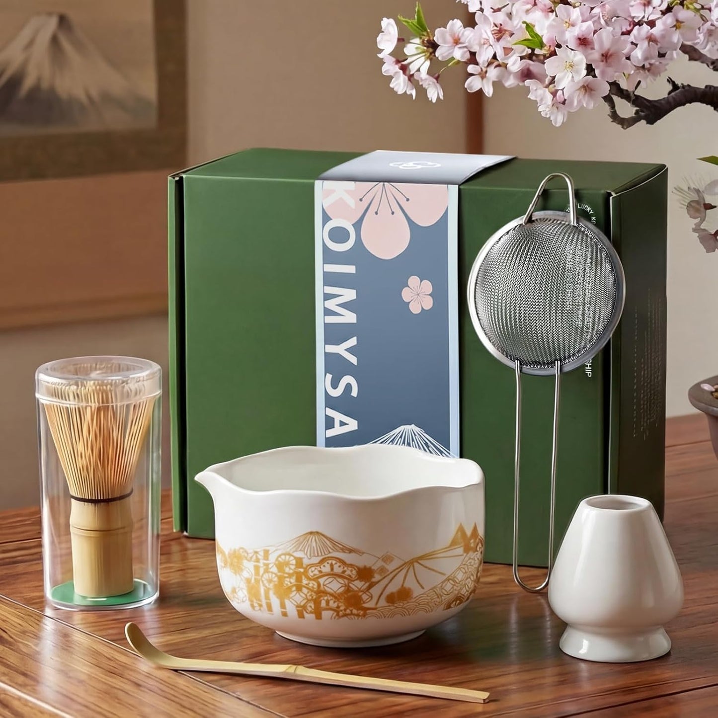 Matcha Whisk Set, 5 Pcs Traditional Japanese Matcha Whisk Preparation Kit, White Glossy Ceramic Bowl with Black Cat and Strawberry Pattern