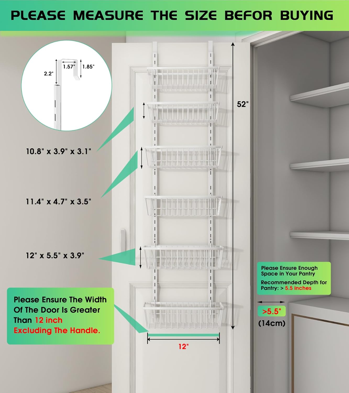 Mefirt White 9-Tier Over The Door Pantry Organizer, Pantry Organization and Storage, Deep Baskets Hanging Heavy-Duty Metal, Wall Spice Rack Seasoning Shelves for Home & Kitchen, Laundry Room Bathroom
