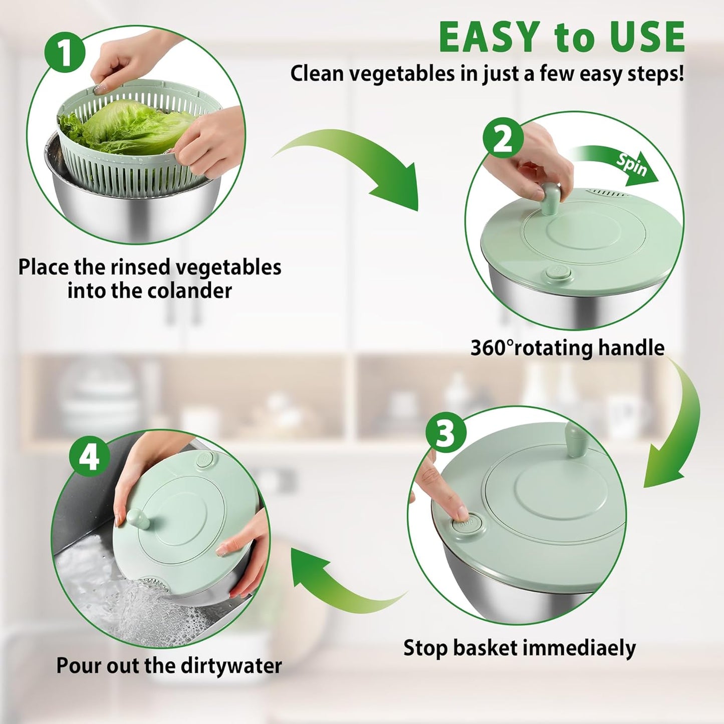 Salad Spinner Stainless Steel, 5.3-Quart Lettuce Washer Spinner with 5 Blades Slicer, Large Vegetables Fruits Wash Bowl with Strainer, Perfect Home Salad Making Tool for Healthy Eaters & Home Cooks