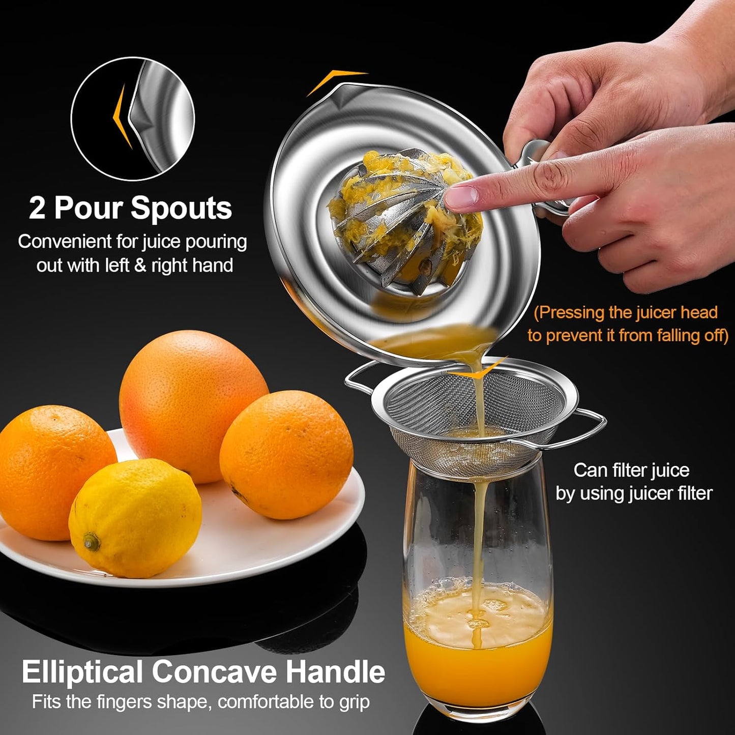 Lemon Squeezer Stainless Steel, Heavy Duty Hand Manual Citrus Juicer, Premium Orange Lime Fruit Squeezer, Robust Reamer Rotation 2 Pour Spout 200ML Container, Dishwasher Safe（5-Year Warranty）