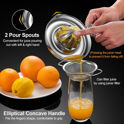 Lemon Squeezer Stainless Steel, Heavy Duty Hand Manual Citrus Juicer, Premium Orange Lime Fruit Squeezer, Robust Reamer Rotation 2 Pour Spout 200ML Container, Dishwasher Safe（5-Year Warranty）