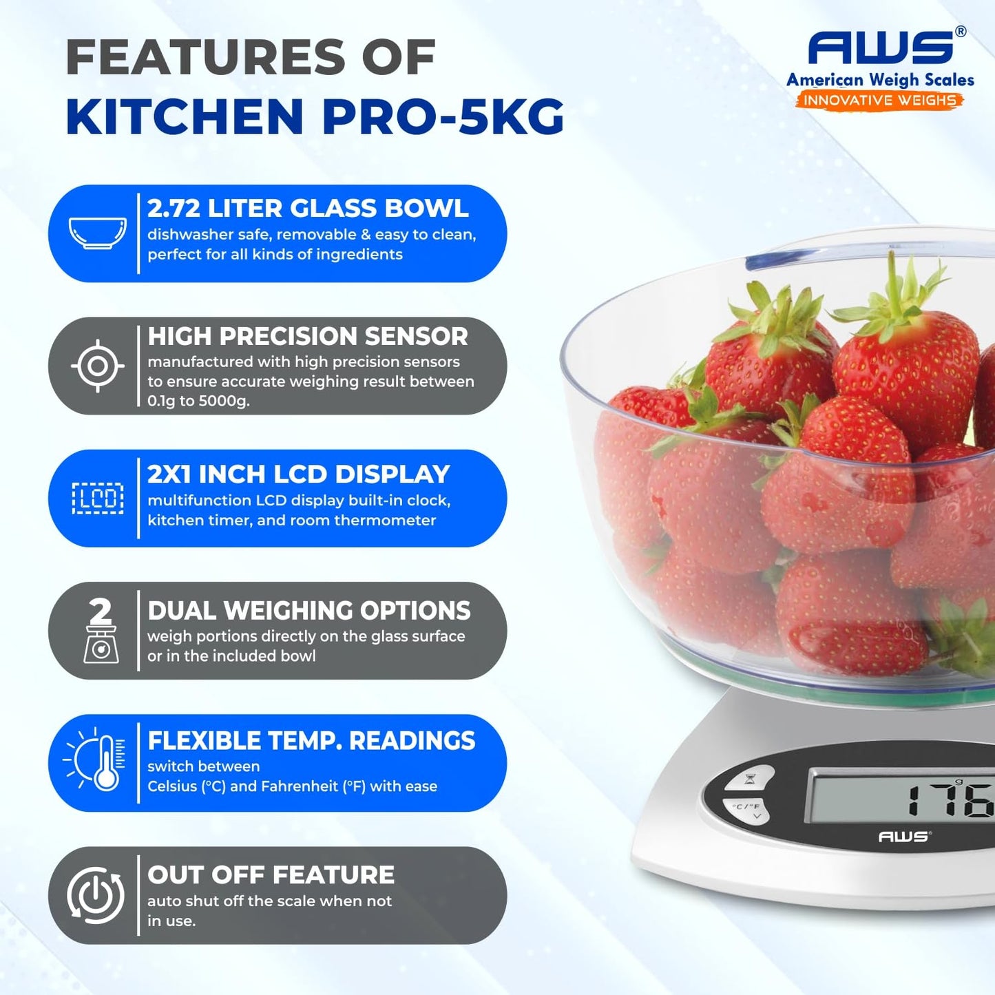 AWS Kitchen Pro 0.1g/0.001oz Precision Food Scale 5kg/11lb Digital Bowl Scale with Tempered Glass, | 2.72L Dishwasher-Safe Bowl, Tare, Timer, Clock & Room Temperature Display | Ultra Cooking Scale