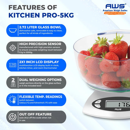 AWS Kitchen Pro 0.1g/0.001oz Precision Food Scale 5kg/11lb Digital Bowl Scale with Tempered Glass, | 2.72L Dishwasher-Safe Bowl, Tare, Timer, Clock & Room Temperature Display | Ultra Cooking Scale