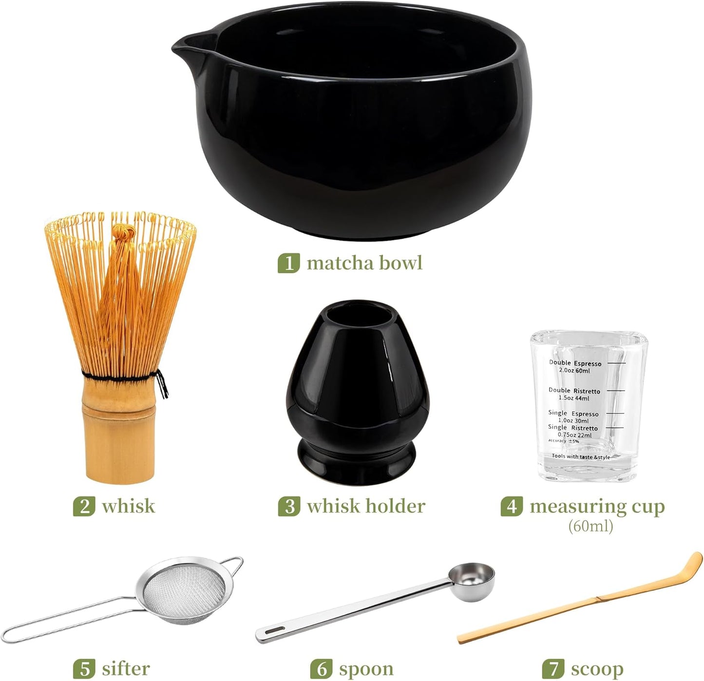 YIBO Matcha Whisk Set With Bowl, Ceramic Matcha Making Kit Includes Bamboo Whisk (Chasen), Holder Stand, Powder Starter Sifter, Scoop, Measuring Spoon & Cup Tea Tools For Ceremony (Mottled Green)