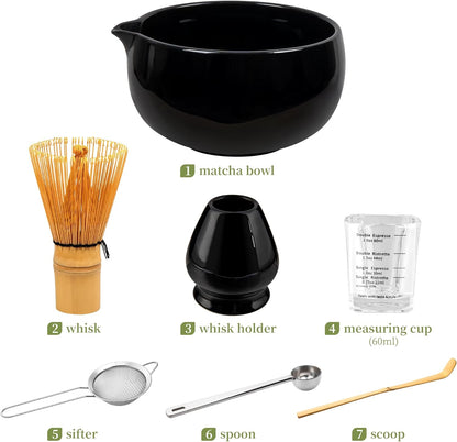 YIBO Matcha Whisk Set With Bowl, Ceramic Matcha Making Kit Includes Bamboo Whisk (Chasen), Holder Stand, Powder Starter Sifter, Scoop, Measuring Spoon & Cup Tea Tools For Ceremony (Mottled Green)