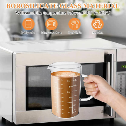Glass Measuring Cup, 1000 ML (33.8 Oz, 4 Cup) High Borosilicate Glass Measuring Cup with Wood Lid Insulated Handle V-Shaped Spout for Kitchen Restaurant Easy To Read