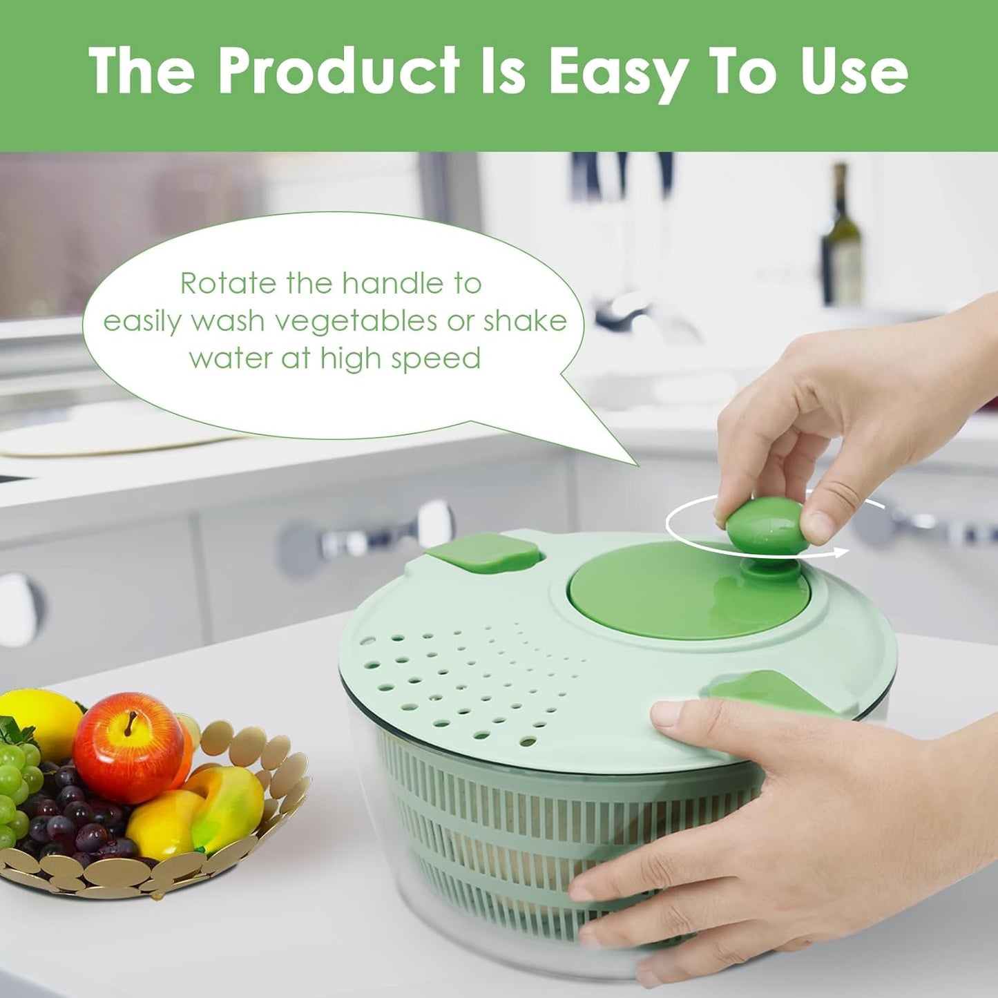 PP Salad Spinner, Multi-Use Basket, 4.22 QT Large Capacity Salad Washer Labor Saving Lettuce Spinner Multiple Water Outlet Lettuce Drainer for Household(Green)