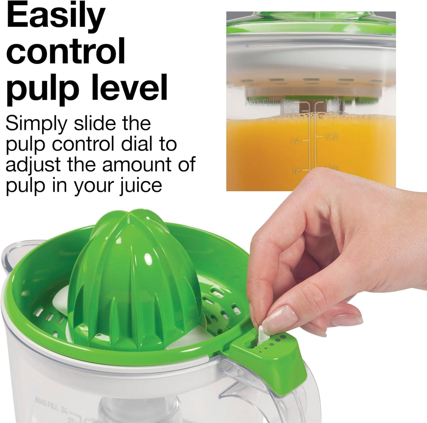 Proctor Silex Electric Citrus Juicer Machine, Large 34 oz. Pitcher, Pressure Activated, 2 Reamers for Big and Small Fruit, Pulp Control, for Orange, Lemon, Grapefruit Juice, White & Green (66340)