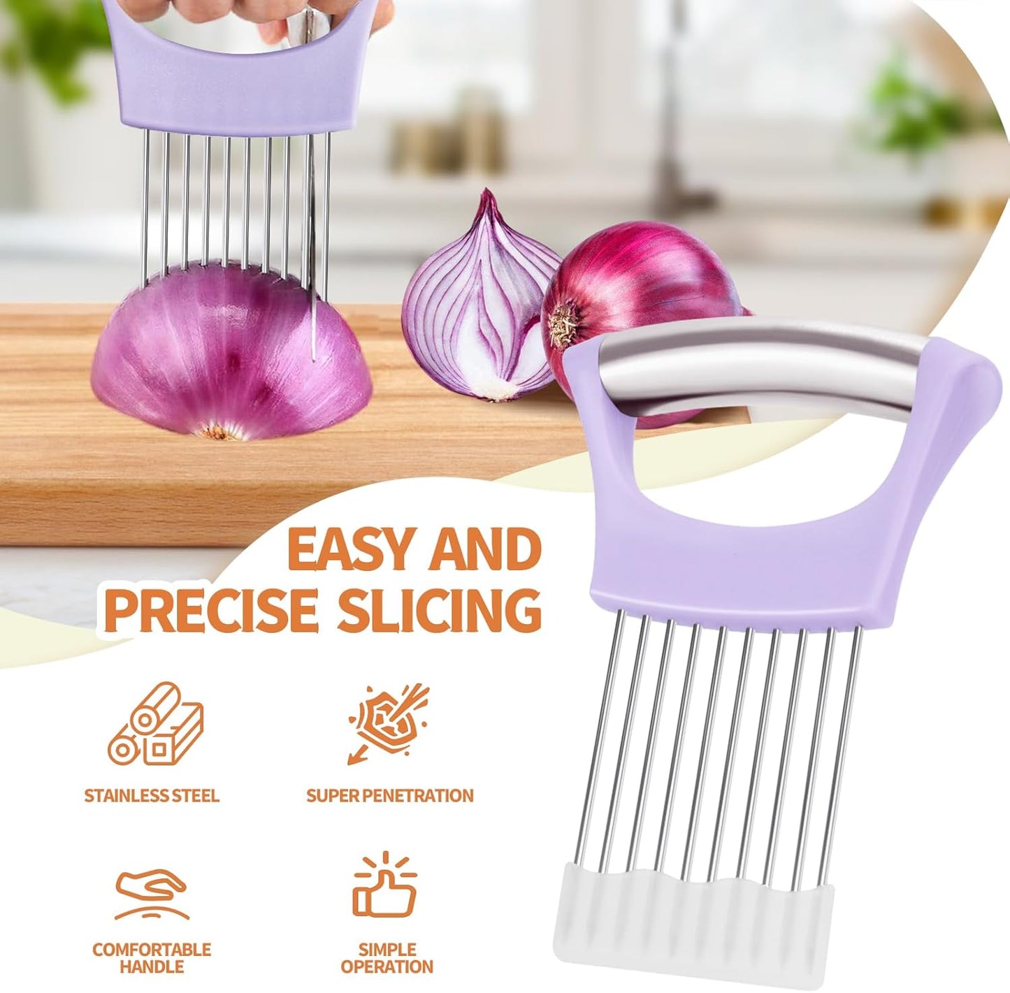 2PCs Stainless Steel Onion Slicer Holder, Onion Cutter Holder for Slicing of Onions,Tomatoes,Avocados,Eggs and Other Vegetables,KItchen Utensils (Orange & Black)