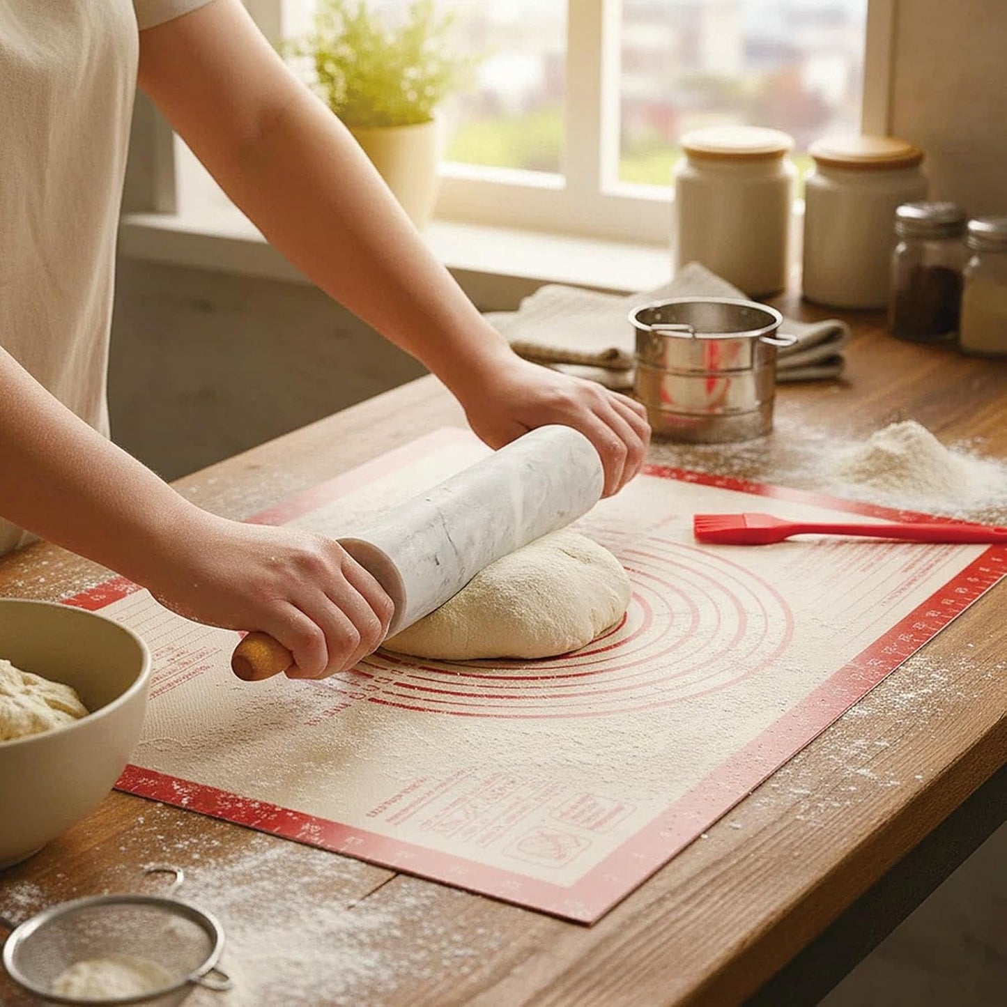 Silicone Rolling Pin for Baking,15Inch Pastry Dough Roller with Wooden Handle,Non Stick Surface Rolling Pin for Dough Cookie Pastry Tapered Dumpling Baking Supplies Kitchen Accessories