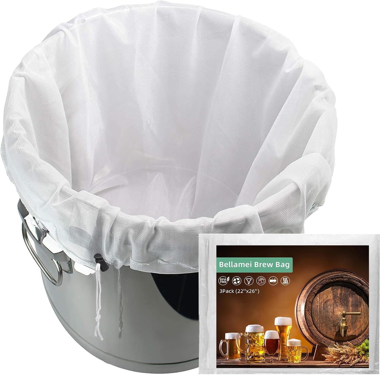 Brew Bags Extra Large Reusable 2 Pack 250 Micron Fine Mesh Bag for Fruit Cider Apple Grape Wine Press Drawstring Straining Brew in a Bag (2 pack-22"×26")