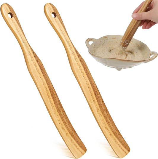 Jeffdad 2 Pcs Wooden Spurtle for Sourdough Starter, Dough Whisk Long Handle Jar Spatula Non-Stick Spurtles Kitchen Tools for Baking Cooking Stirring Mixing