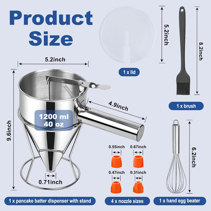 Pancake Batter Dispenser,40oz Stainless Steel Funnel Cake Dispenser,with Lids,Stand,4 Silicone Nozzles,Brush,Egg Beater,Easy Control Batter Dispenser for Pancakes,Cupcakes, Funnel Cakes,Muffins & More