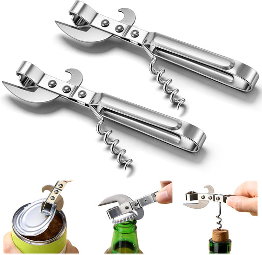 2 Pack 3 in 1 Can Openers, Vintage Can Opener with Dual Sided Blade, Left & Right Hand Friendly, Heavy Duty Stainless Steel Old Fashioned CanOpener, One for Kitchen, One for Camping or Emergency Kit