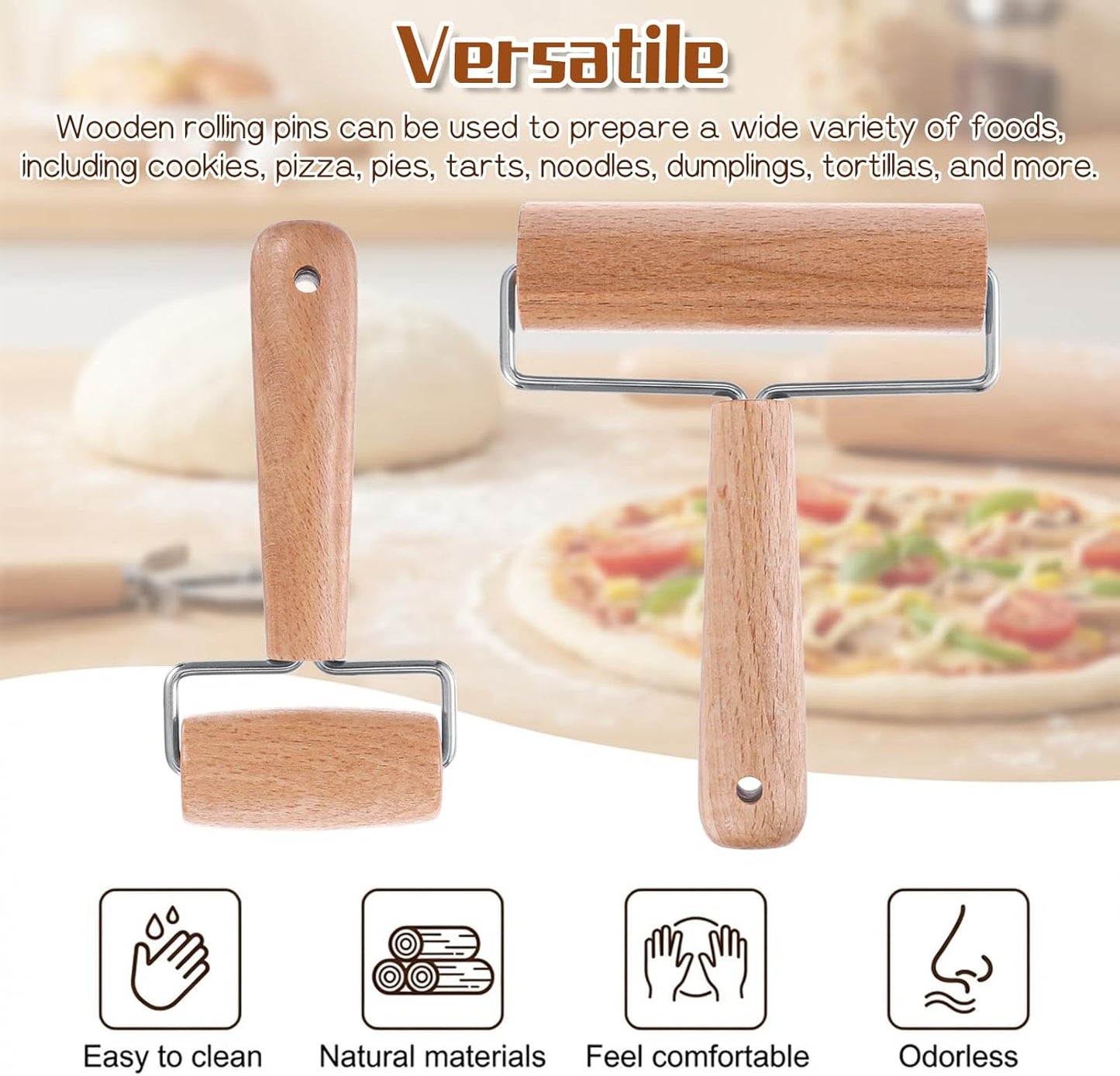 2 Pcs Small Rolling Pin with Handle, Wood Rolling Pins, Non-Stick Pizza Roller for Tortilla Cookie Dumpling Home Kitchen Baking Cooking
