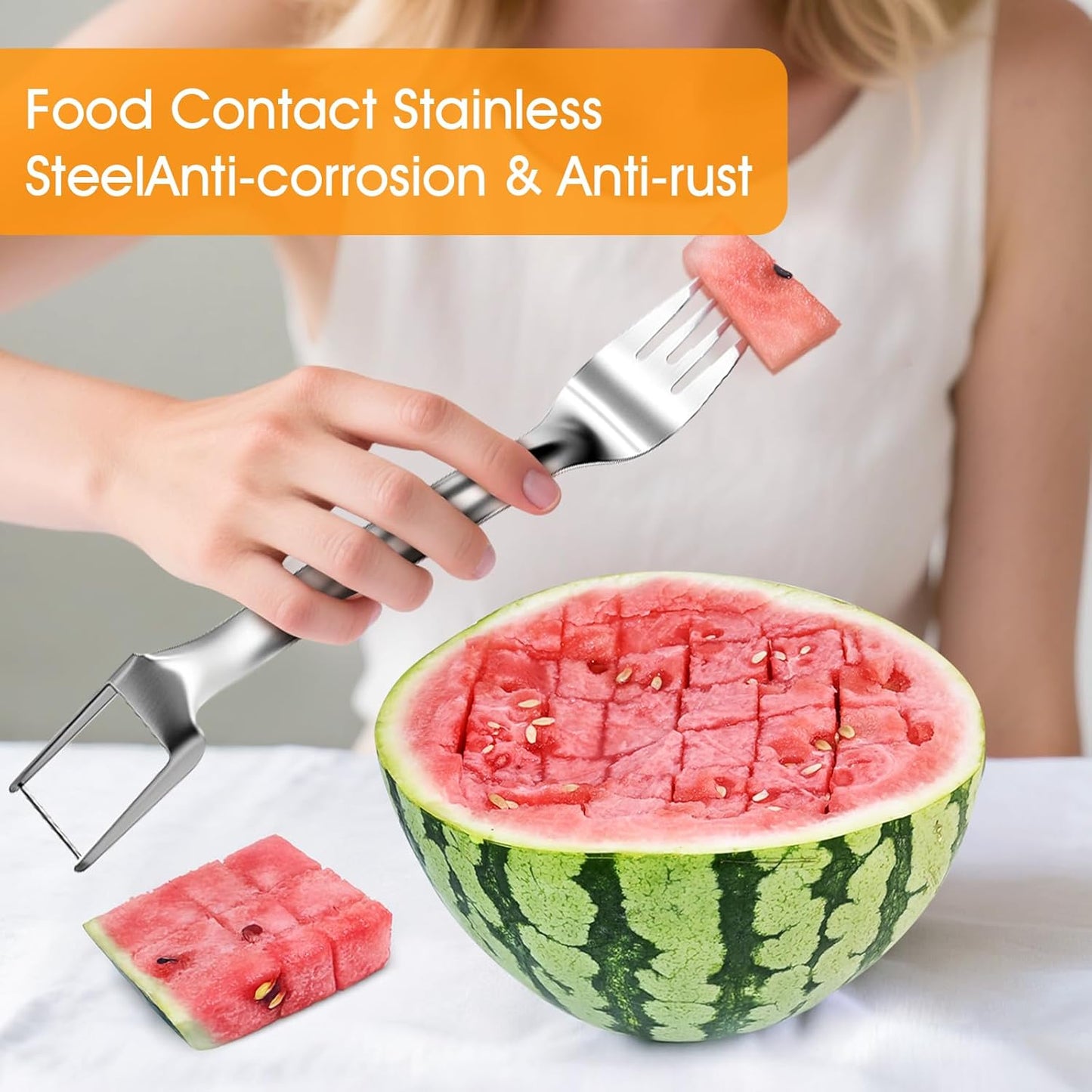 2 PCS Stainless Steel Watermelon Slicer and Fork - 2-in-1 Portable Kitchen Tool for Home Camping and Parties