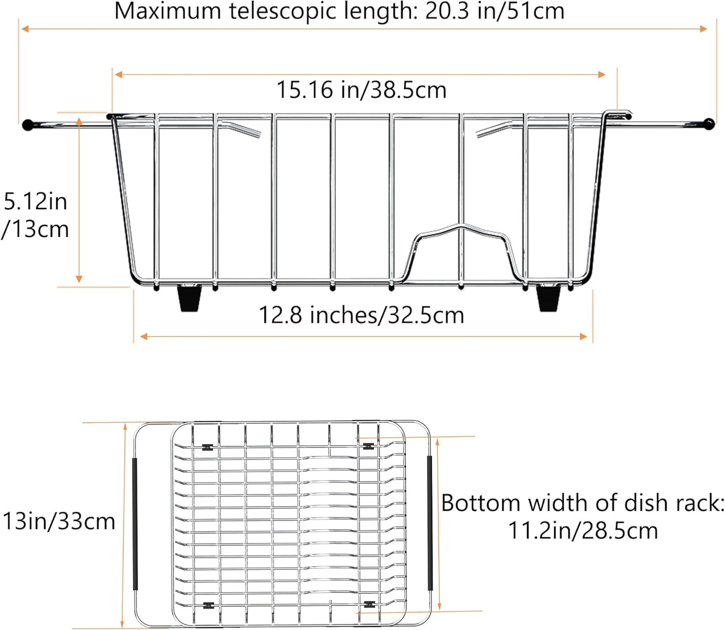 NiuYichee Stainless Steel Dish Drying Rack(15.2"L X 13"W X 5.8"H), Expandable Fruit & Vegetable Drain Rack over Sink, Dish Drainer Rack in Sink, with Stainless Steel Utensil Holder & Silicone Mat(16")