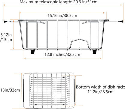 NiuYichee Stainless Steel Dish Drying Rack(15.2"L X 13"W X 5.8"H), Expandable Fruit & Vegetable Drain Rack over Sink, Dish Drainer Rack in Sink, with Stainless Steel Utensil Holder & Silicone Mat(16")