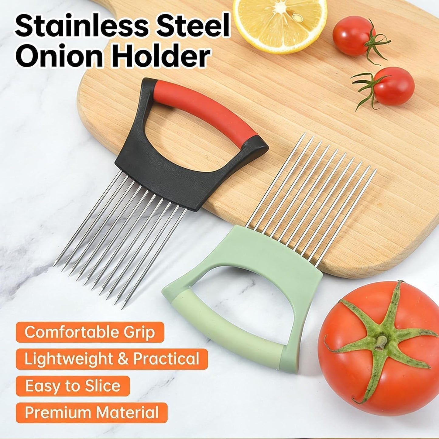 3-Piece Kitchen Set – Stainless Steel Onion Holder Slicer with 10 Forks, Peeler with Storage Box, 3-in-1 Cup Lid & Gap Brush – for Slicing Potato, Avocado, Eggs, Lemon, Meat