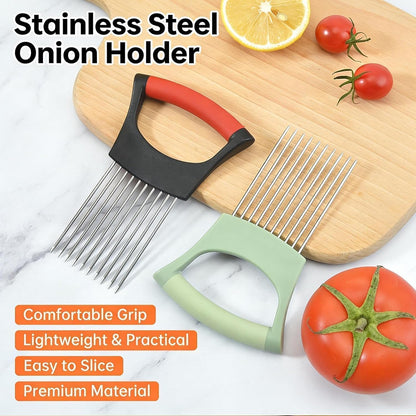 3-Piece Kitchen Set – Stainless Steel Onion Holder Slicer with 10 Forks, Peeler with Storage Box, 3-in-1 Cup Lid & Gap Brush – for Slicing Potato, Avocado, Eggs, Lemon, Meat