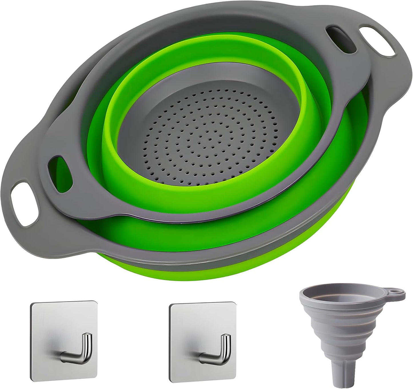 UVB Foldable Silicone Colander with 2 Stainless Steel Hooks & Collapsible Funnel, Kitchen Strainer Basket for Pasta, Fruit and Vegetables, Space Saving Sink Colander for Home Kitchen – Red