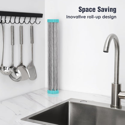 Tomorotec 17.7" x 15.5" Roll Up Dish Drying Rack Over Sink Drying Rack Sink Cover Kitchen Sink Accessories Gadget Multipurpose Organizer Foldable Stainless Steel Drainer