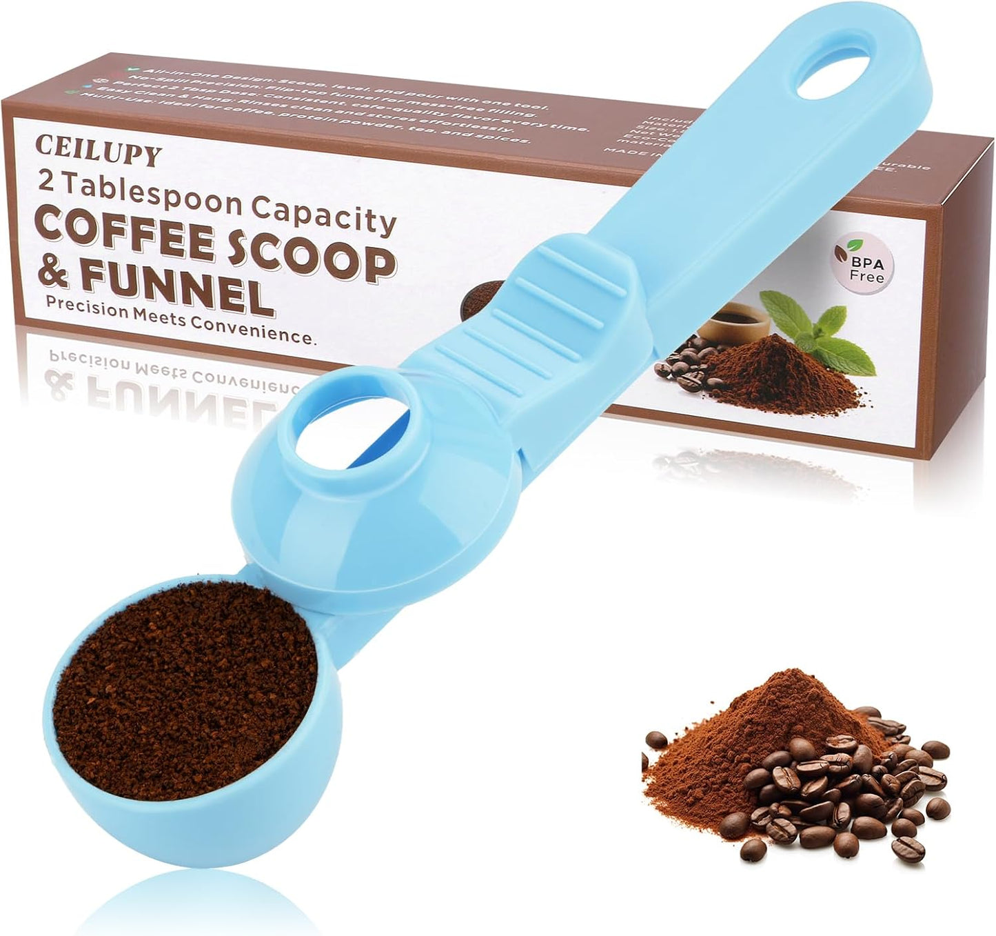 2-in-1 Coffee Scoop with Funnel, 2 Teaspoon Measuring Spoon for Reusable K Cups, Ground Coffee, Protein Powder & Tea, Mess-Free Plastic Design (Pink)