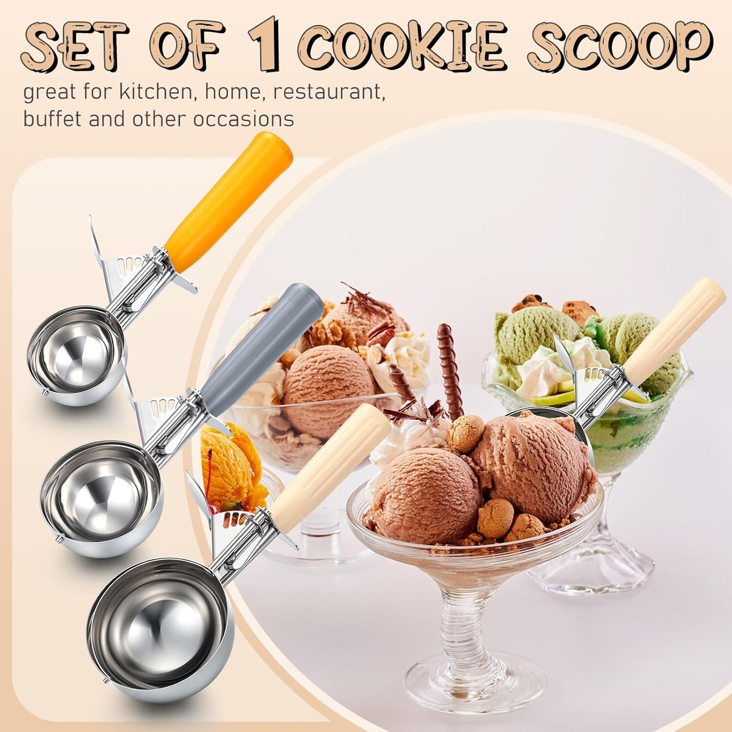 Reallnaive 3 Pcs Release Cookie Scoops Ice Cream Scooper with Trigger Release Portion Scoop Stainless Steel for Portion Control, Baking Food, Cookie Dough (2.65 Oz+1.33 Oz+ 0.75 oz,Green,Red,Black)