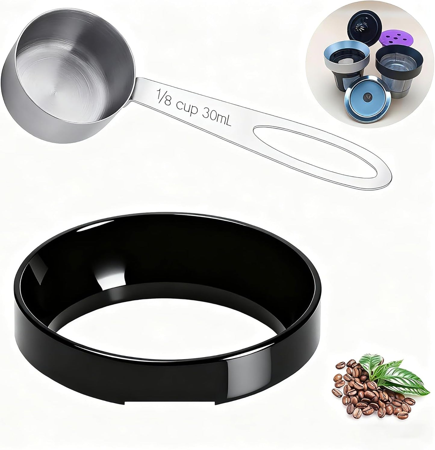 Reusable K Cup Refill Kit, 304 Stainless Steel 30ML Coffee Scoop & Aluminum Dosing Funnel, Fits Keurig 1.0 & 2.0 Reusable Metal/Plastic K-Cups Silver