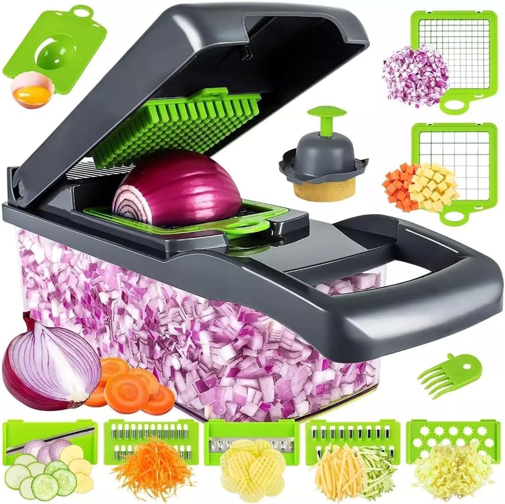 14-in-1 Vegetable Chopper and Onion Slicer, Mandolin Slicer with Container, Multi-Functional Food Dicer, Gray, Stainless Steel Blades