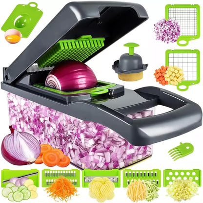 14-in-1 Vegetable Chopper and Onion Slicer, Mandolin Slicer with Container, Multi-Functional Food Dicer, Gray, Stainless Steel Blades