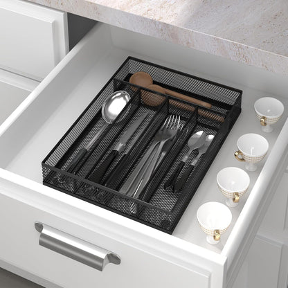 Sedegn Silverware Organizer Metal Mesh, Large Drawer Organizer, Utensil Cutlery Tray for kitchen drawers, Flatware Organizer with 6 Compartment, Black (11.3”*16“)