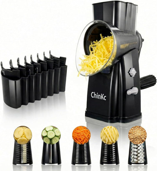 Upgrade Rotary Cheese Grater Shredder with Handle, Strong Suction Base, Multi-purpose Rotary Grater Slicer with 5 Interchangeable Blades for Ice, Vegetables, Fruit, Nuts with Blade Storage Box