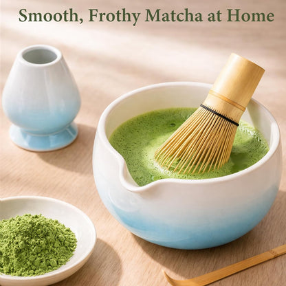 Matcha Whisk Set, Ceramic Matcha Set Includes Bowl & Holder, Bamboo Whisk (Chasen), Scoop, Spoon and Sifter, 6PCS Matcha Kit Covers Everything Needed for Making Matcha (Green)