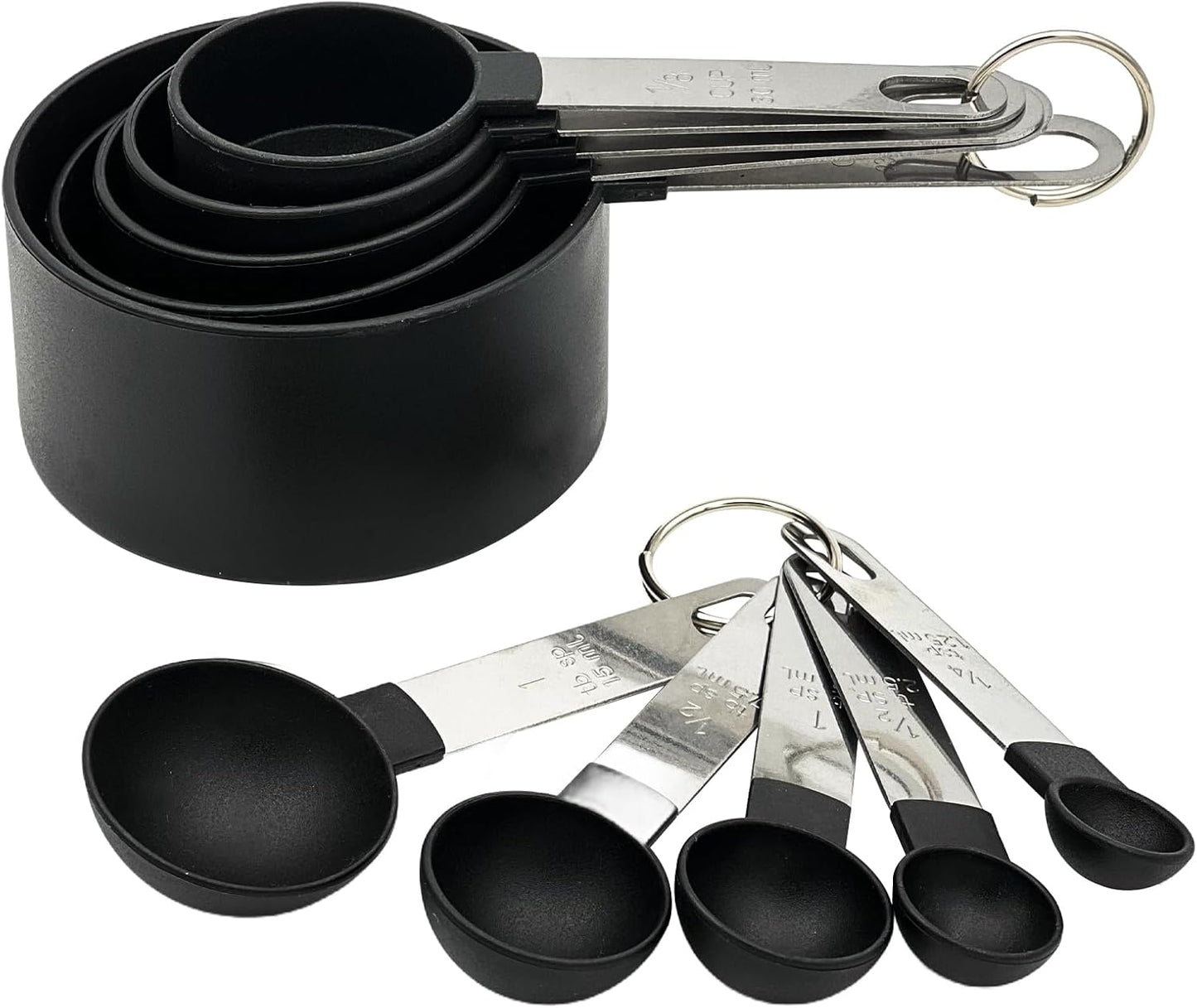 Black Measuring Cups & Spoons Set, Stackable Nesting Measuring Cups with Stainless Steel Handles, 10-Piece Kitchen Baking Tools ﻿