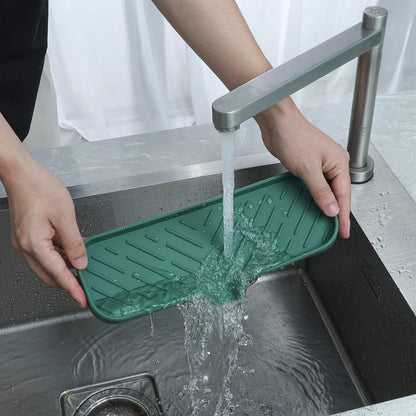 MicoYang Silicone Soap Dish with Drain Spout, Self-Draining Sink Organizer Tray for Bathroom and Kitchen, Sponges, Dispensers and Soap Holder, Non-Slip and Dishwasher Safe, Black (Compact, 4.9"×3.2")