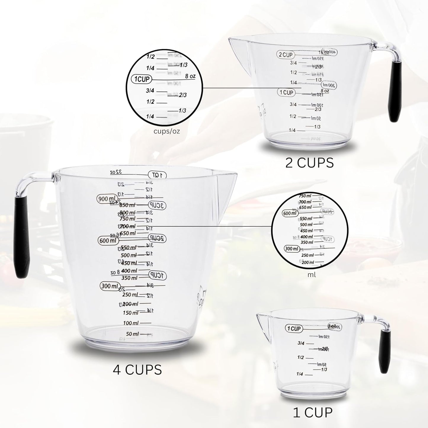 Dalup Measuring Cup Set – Clear Plastic Liquid Measuring Cups (8/16/32 oz) with Spout & Non-Slip Handle | 3-Piece Plastic Measuring Cup Set for Liquids & Dry Ingredients