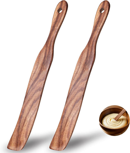 2 Pcs Solid Wood Spurtles, Thin Acacia Wood Stirrer for Sourdough Starter Jar Bottom, Long Handle Non-Scratch Heat Resistant Baking Utensils, Gift for Bakers