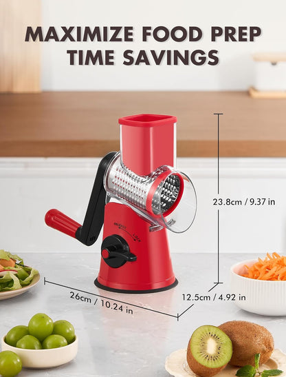 Cheese Grater Rotary, Rotary Grater for Kitchen, Kitchen Grater Vegetable Slicer with 3 Drum Blades, Fast Cutting Cheese Shredder for Vegetables and Nuts