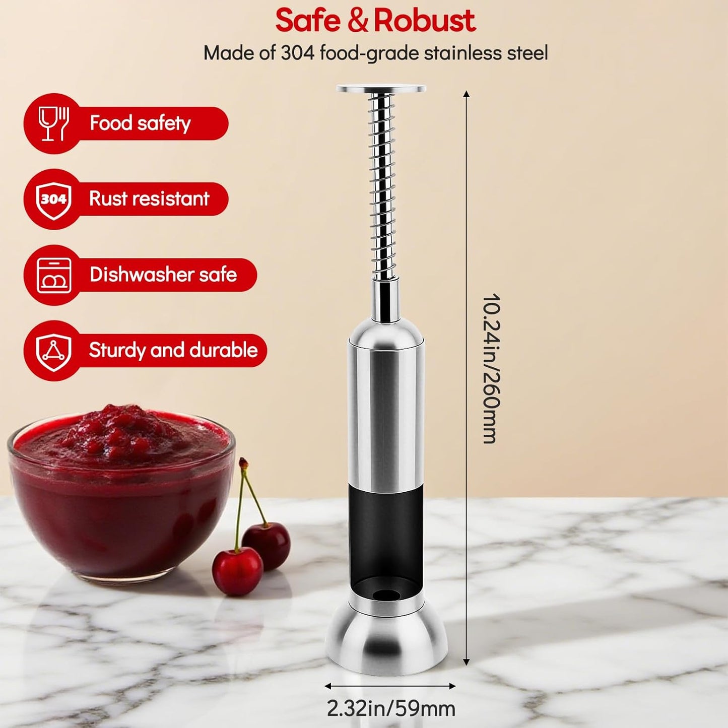 Cherry Pitter Tool, Single-Hole 304 Stainless Steel Cherry Pit Remover for Fresh&Maraschino Cherries, One-Hand Press Fruit Pit Corer Kitchen Tool, Dishwasher, Easy to Clean (Large)