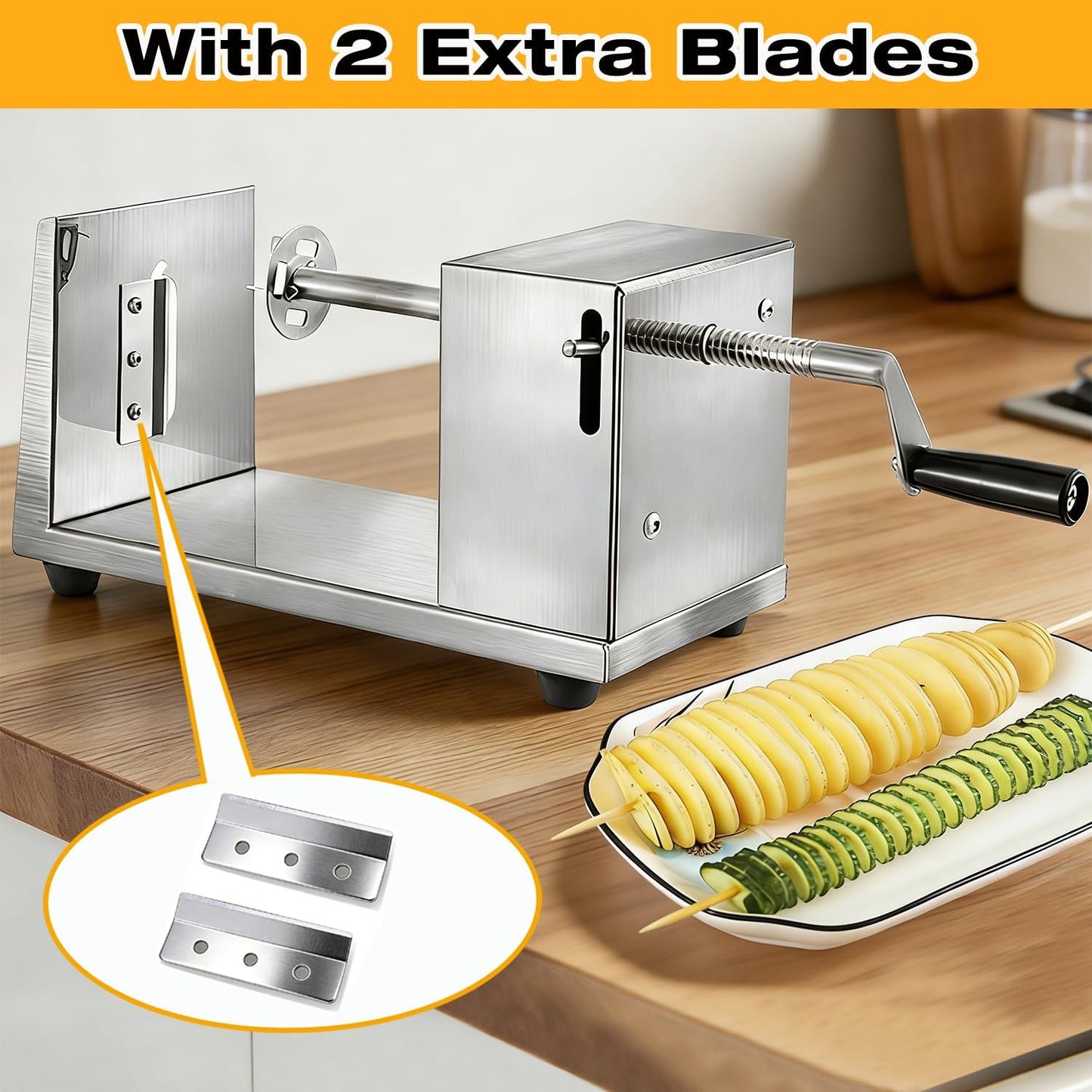 Potato Spiral Cutter, Manual Tornado Potato Spiral Cutter Stainless Steel Curly Fry Cutter Twisted Potato Slicer with Skewers Kitchen Tool for Potatoes, Cucumber, Carrot, BBQ