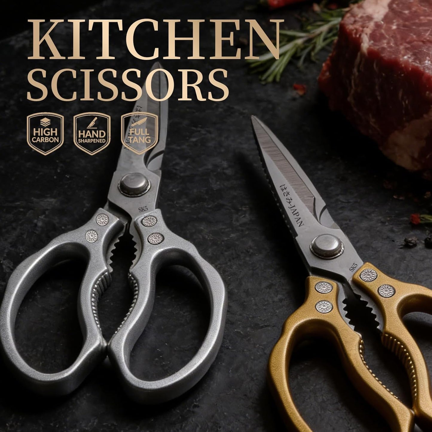 Kitchen Scissors, Multi-Purpose Japanese Kitchen Shears, Heavy Duty Dishwasher Safe Food Scissors for Meat, Chicken, Poultry, Fish & Herbs with Non-Slip Grips - Sliver