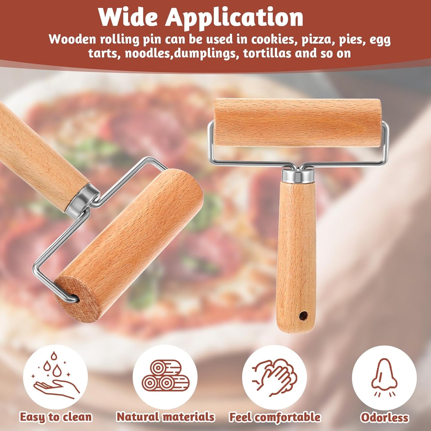 Qianyu 2 PCS Baking Pizza Dough Roller Baking Wooden Rolling Pins Non-Stick T-shape Baker Pastry Roller Set for Home Kitchen Cooking Cookie Bread Tortilla Dumpling Fondant Clay