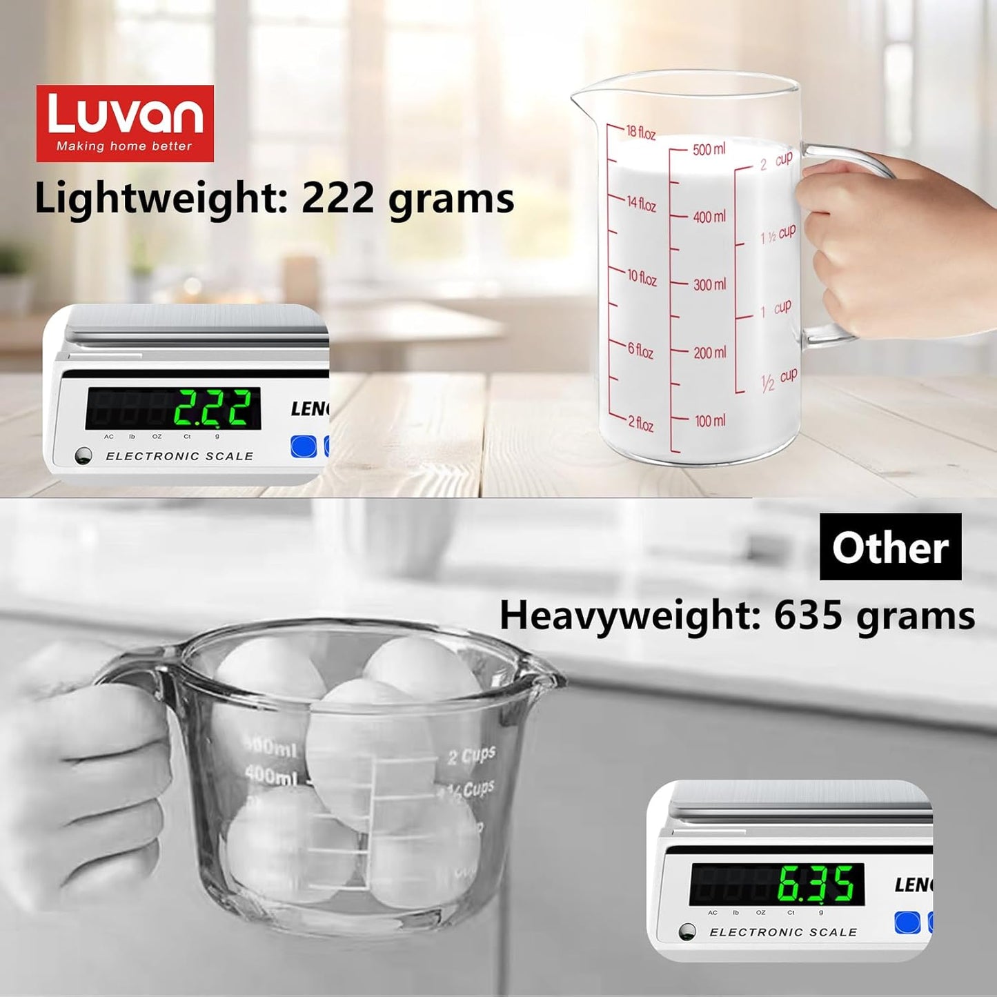 Luvan 34OZ/1000ML Glass Measuring Cup, 4 Cup Glass Measuring Cups With 3 Scales (Ml/Oz/Cup), High Borosilicate Measuring Cup With Handle and V-Shaped Spout, Dishwasher/Freezer/Microwave Safe
