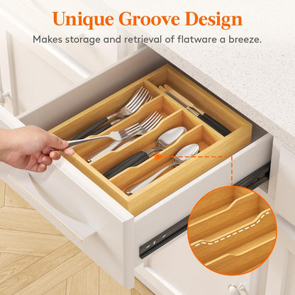 Lifewit Silverware Drawer Organizer, Utensil Tray for Kitchen, Flatware and Cutlery Holder, Storage for Spoons Forks Knives, 6.7 x 12", Natural
