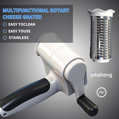Hand-cranked cheese grater, rotary cheese grater, restaurant-quality, with handle, designed for hard cheese and chocolate, white model